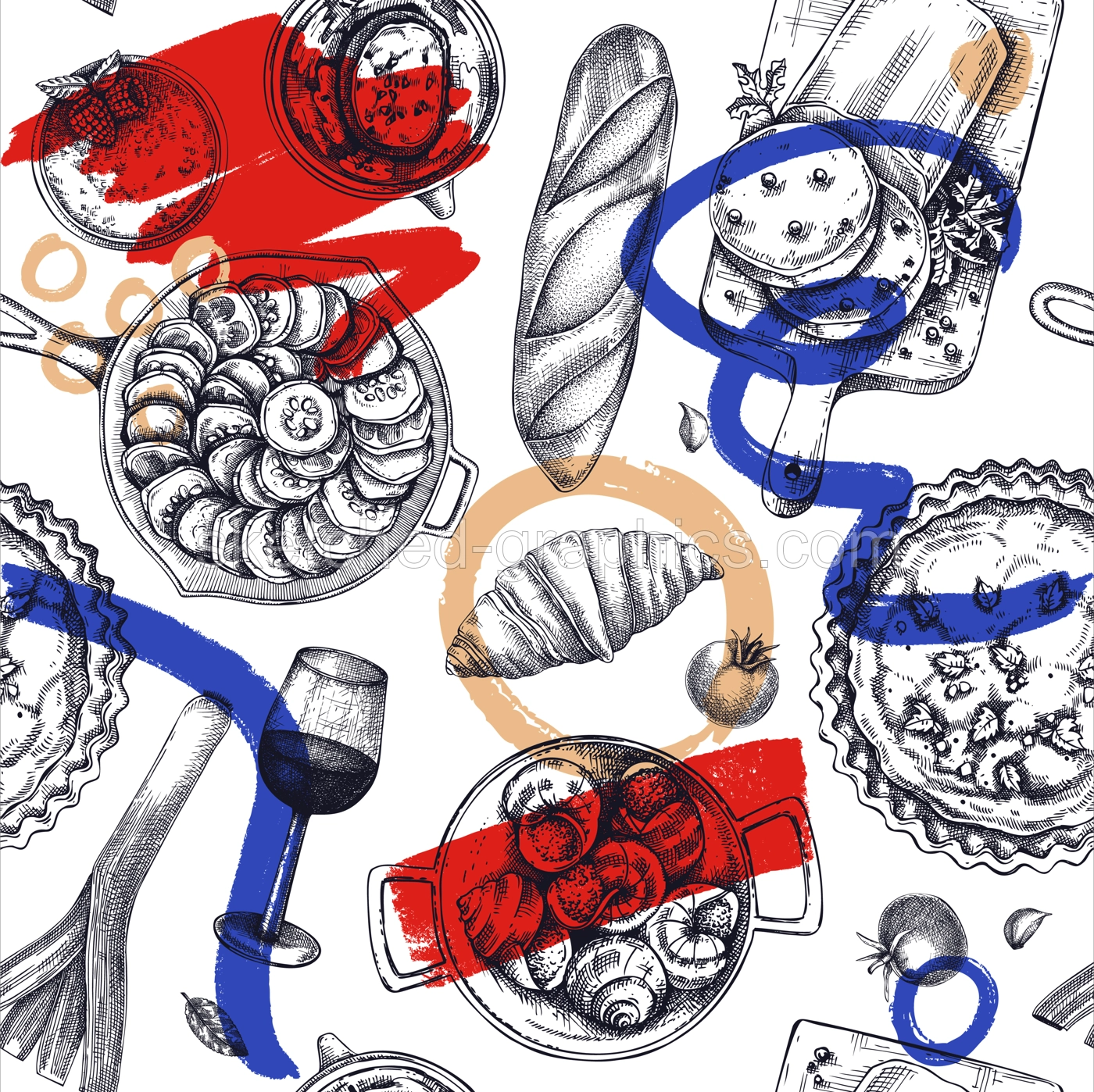French food seamless pattern. Vintage food and wine sketches. European restaurant menu design. Collage-style France background. Hand-drawn vector illustration, NOT AI generated Illustration